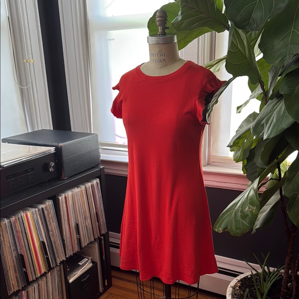 Three Dots Red Short Sleeve Cotton Dress